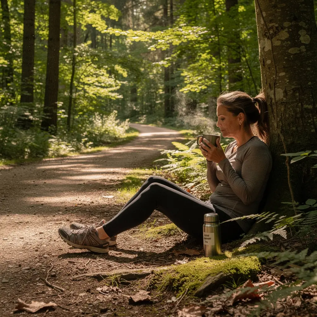Személy, aki egy csésze teát kortyolgat a természet közelségében, élvezve a pillanatot.